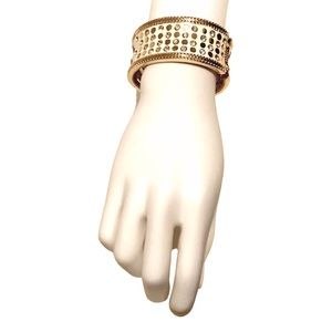 Enamel Crystal Rhinestones. Gold Tone And Cream Retractable Bangle Cuff Bracelet